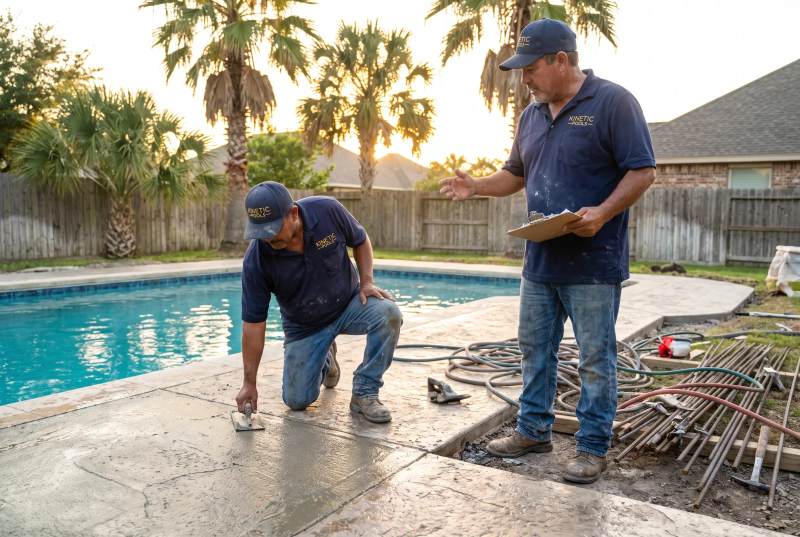 Kinetic Pools crew finishing the decorative concrete deck around a new pool