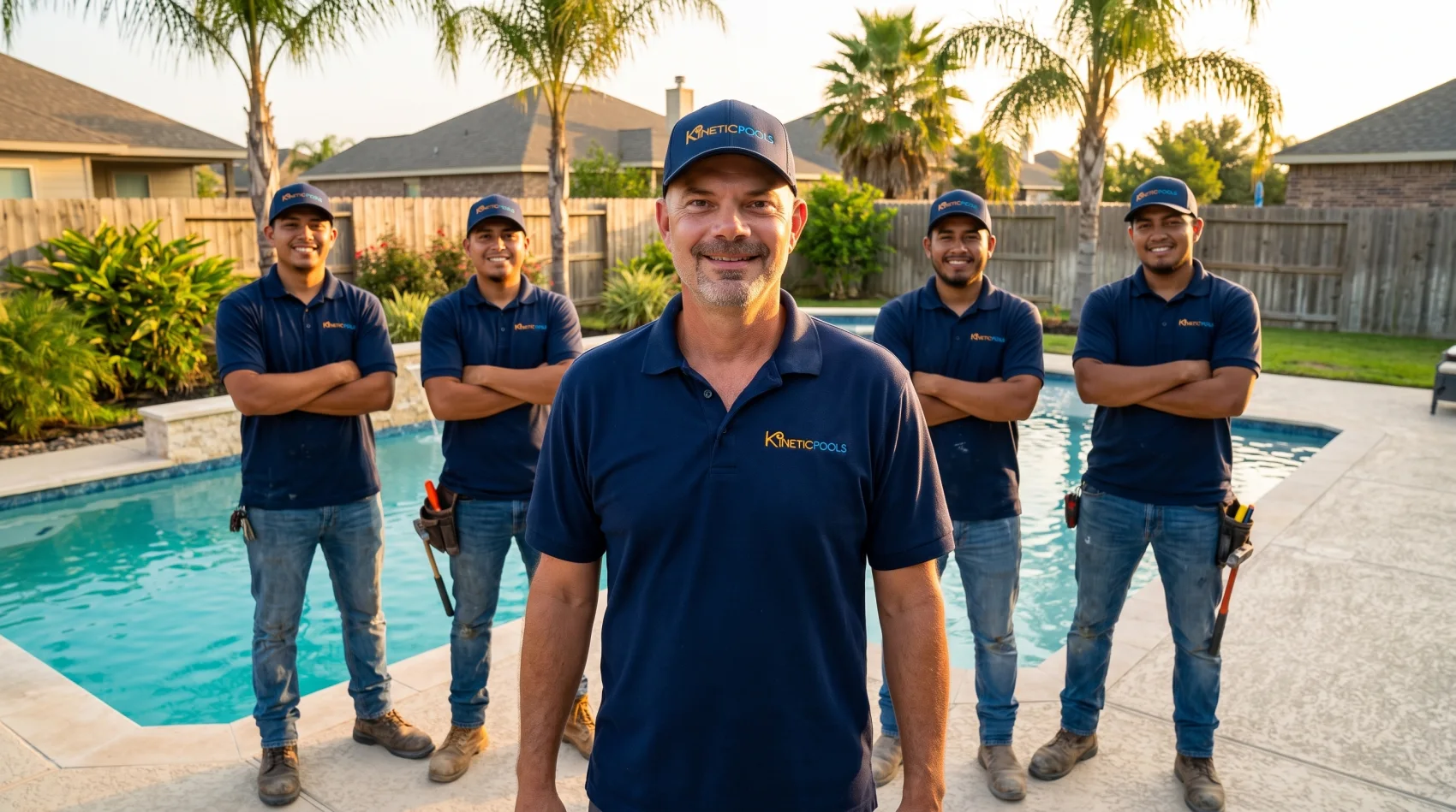 The Kinetic Pools crew standing together at a finished Corpus Christi backyard pool