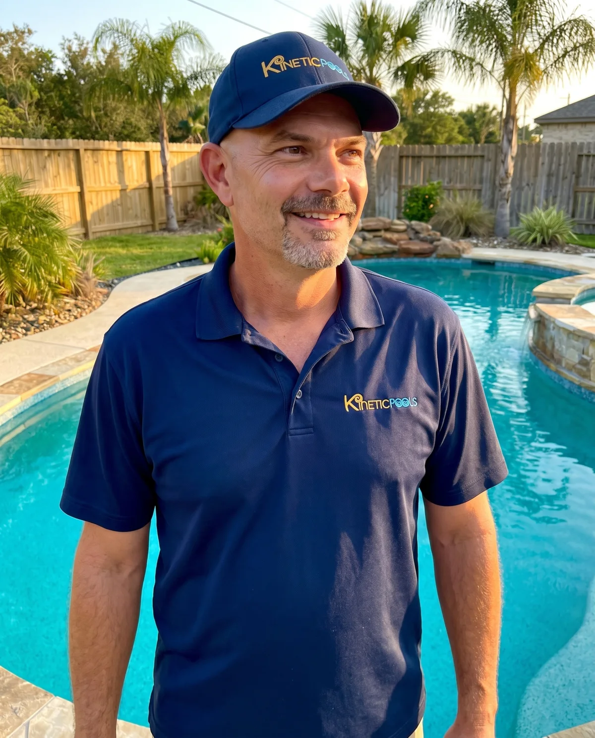Jeff, owner of Kinetic Pools, in branded gear beside a finished backyard pool
