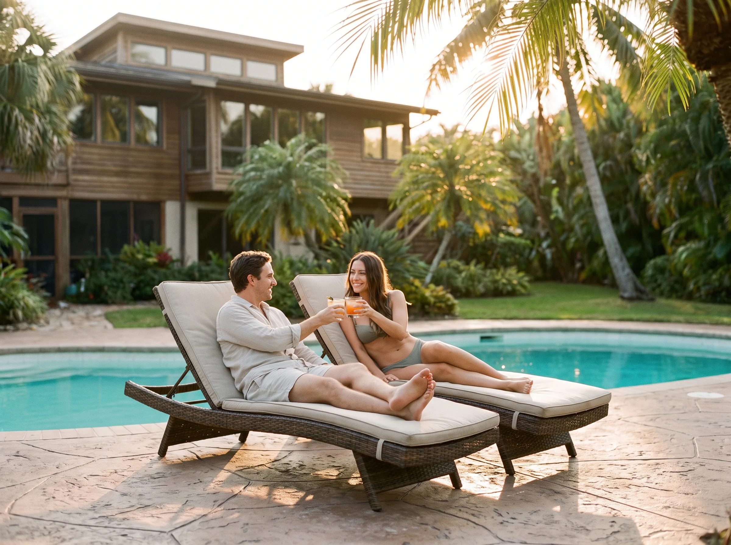 A couple relaxing poolside at sunset by their new backyard pool