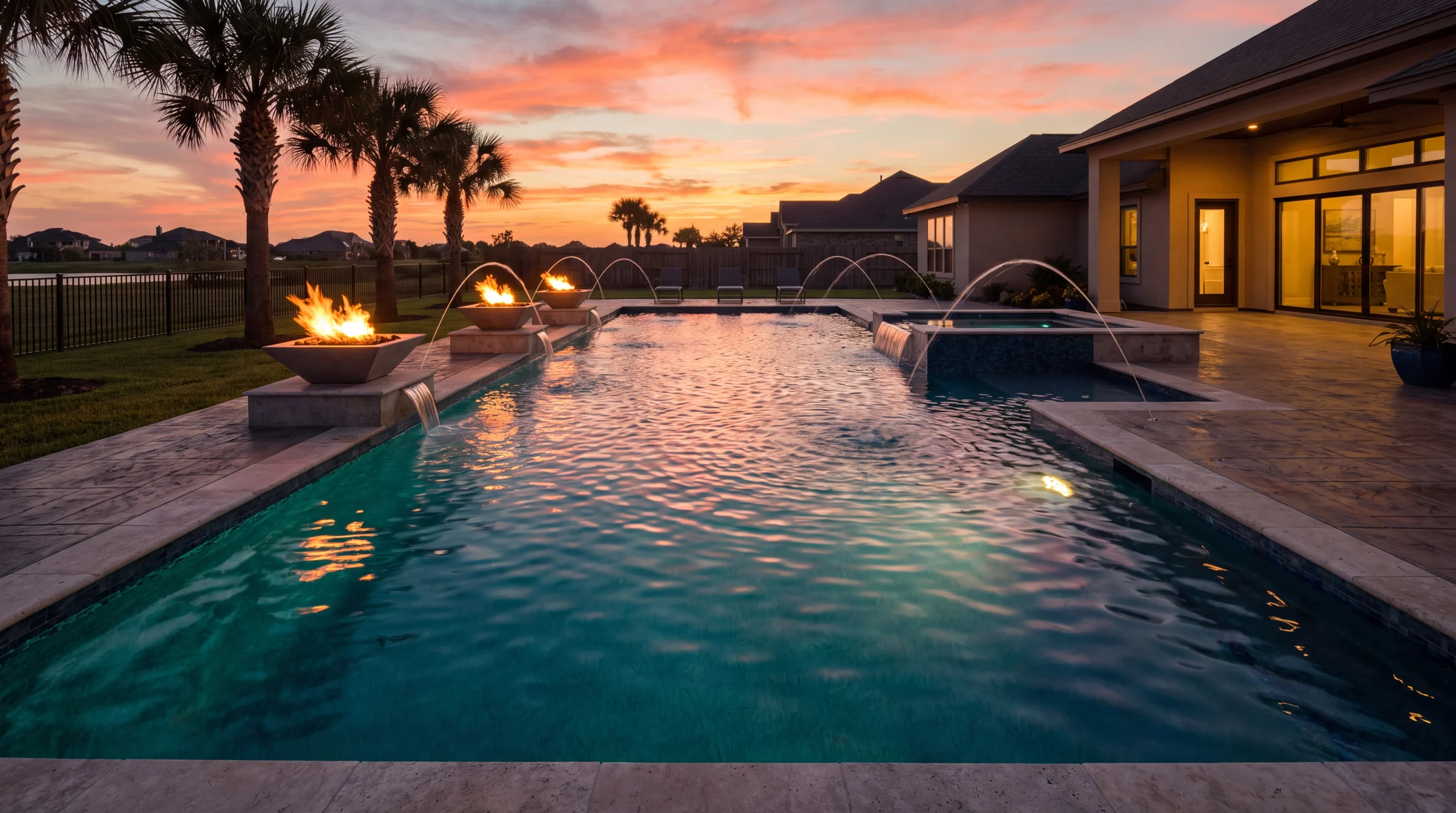 Finished fiberglass pool glowing at dusk with fire bowls and deck jets