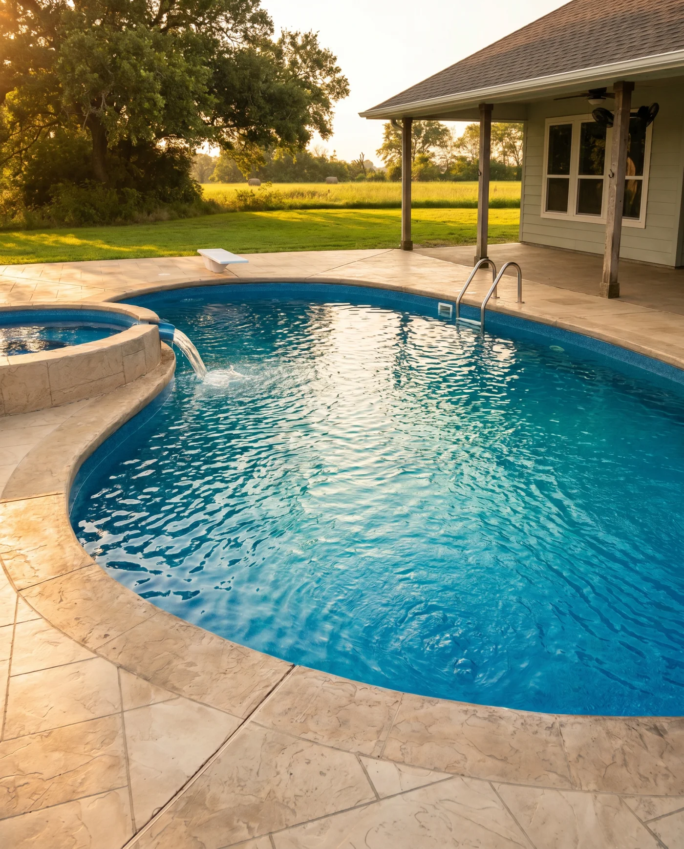 Real Kinetic freeform fiberglass pool with a sun shelf on a sunny day