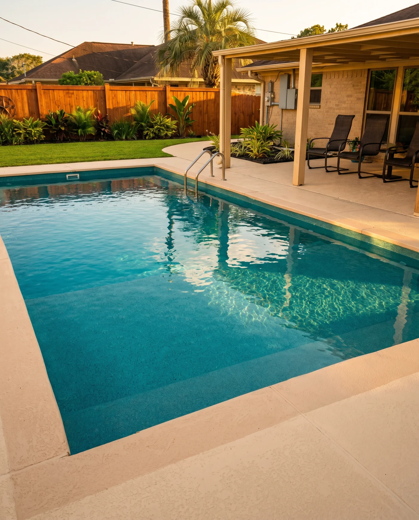 Real Kinetic rectangular fiberglass pool beside a covered patio