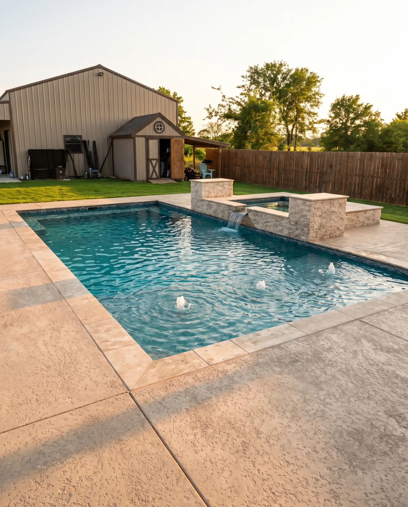 Real Kinetic rectangular fiberglass pool with a raised spa at dusk